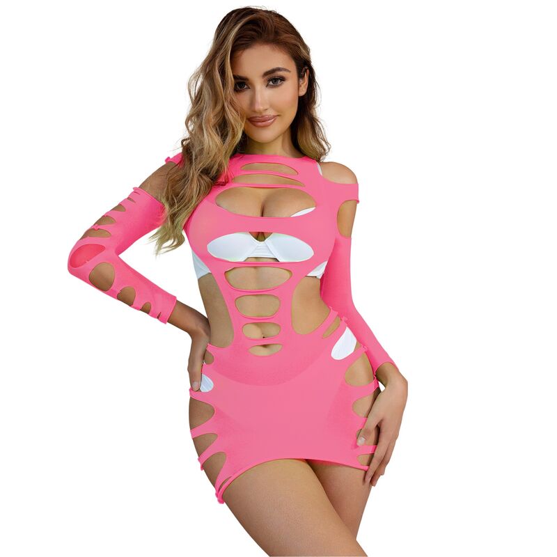 SUBBLIME - 952273 VESTIDO DE REJILLA ELÁSTICO MANGA LARGA ROSA TALLA ÚNICA