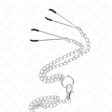 KINK - ANILLO PENE TRIPLE METAL CROMADO 3.8 CM A 5 CM CADENA METAL 26 CM Y PINZAS PARA PEZONES MODELO 2