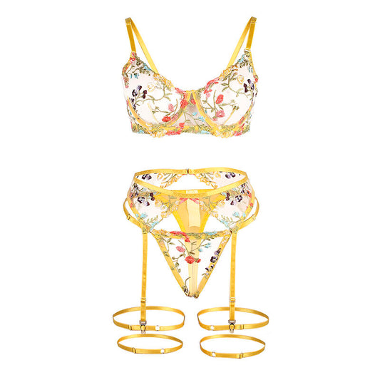 SUBBLIME - 954352 SUJETADOR + TANGA + LIGUEROS DISEÑO FLORAL AMARILLO L/XL