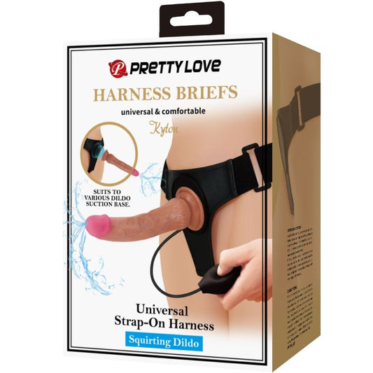 PRETTY LOVE - KYTON HARNESS BRIEFS UNIVERSAL CON DILDO SQUIRTING 19 CM MULATO