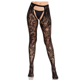 LEG AVENUE - MEDIAS DE ENCAJE DE ROSAS CON PARTE TRASERA ABIERTA NEGRO