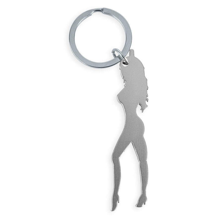 DIABLO PICANTE - LLAVERO CON SILUETA DE MUJER COLOR PLATA CON ABRIDOR DE CERVEZA