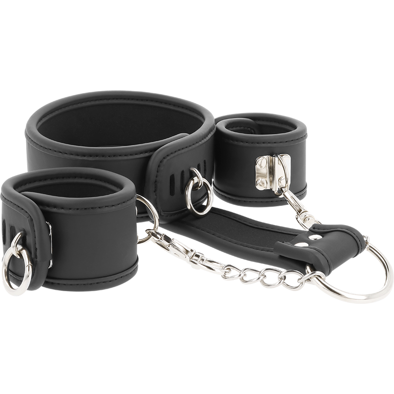 FETISH SUBMISSIVE - COLLAR Y ESPOSAS CUERO VEGANO CON FORRO DE NEOPRENO